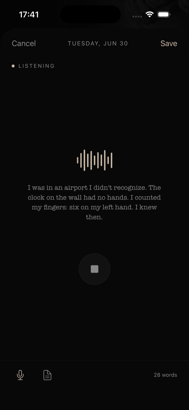 Oneirism recording a dream by voice at dawn, with a waveform and transcribed dream text