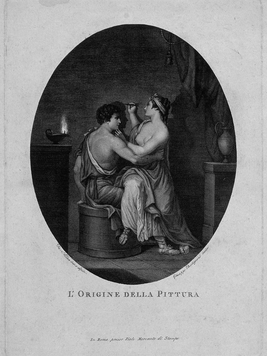 An engraving of a person carefully tracing another figure's shadow on a wall