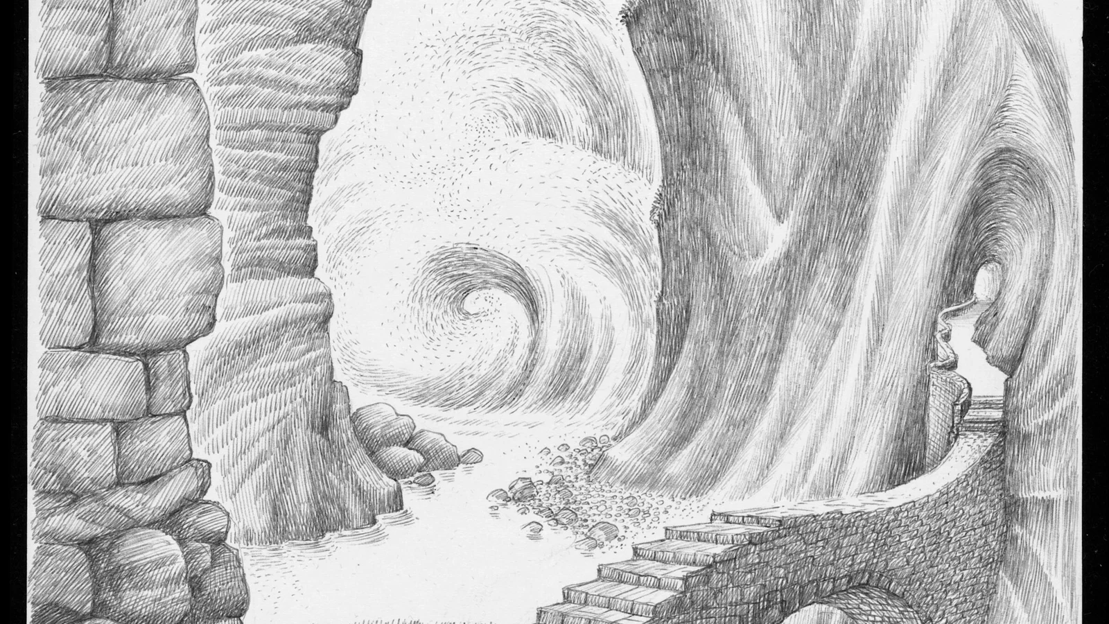 An archival drawing of a narrow path crossing beneath a sequence of high arches