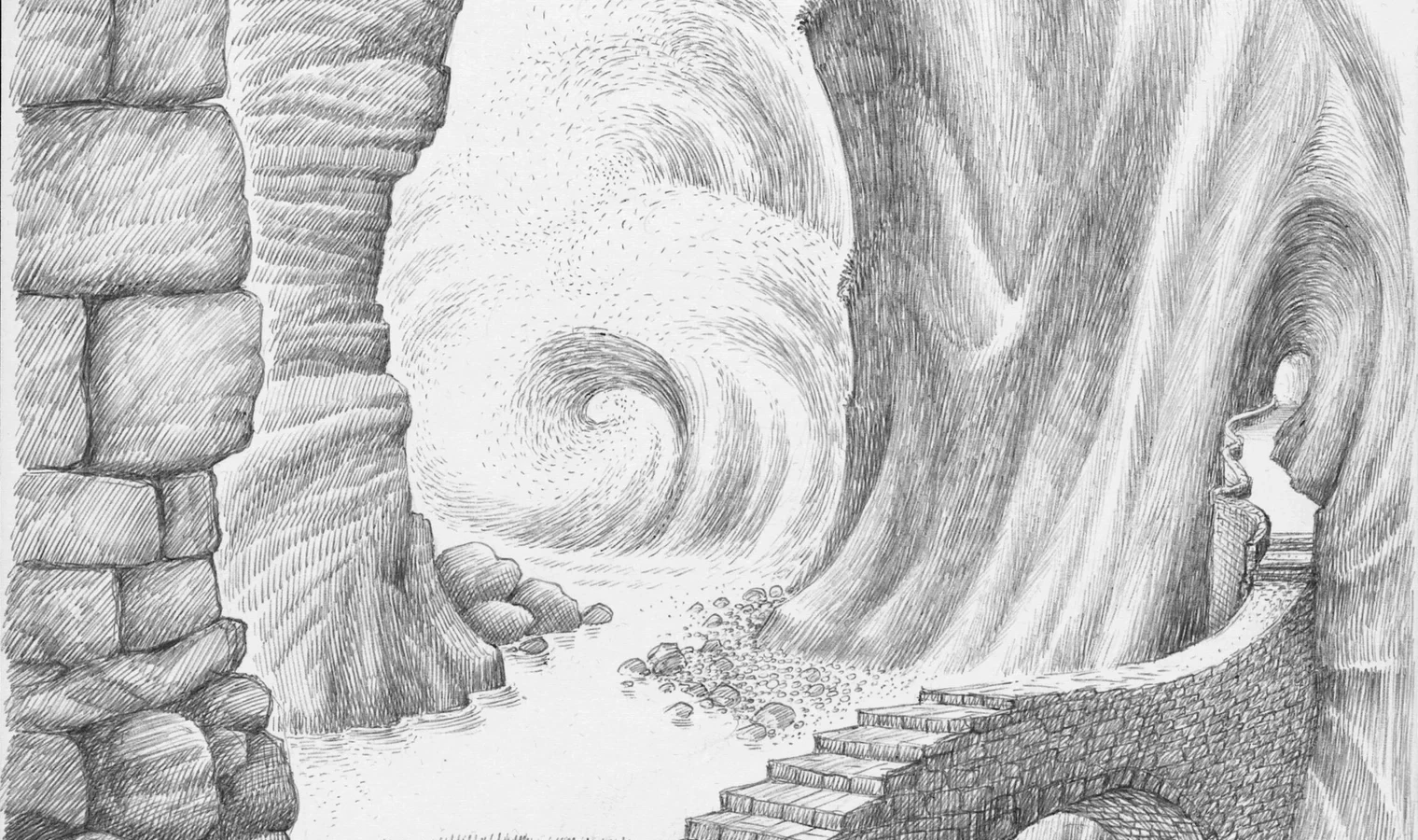 Archival drawing of a path beneath repeated stone arches and cliffs