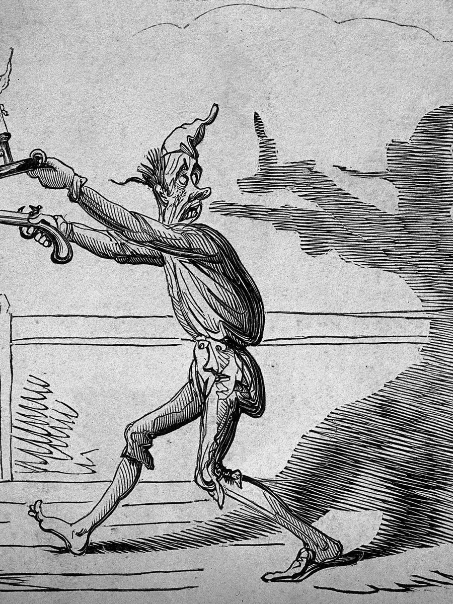 A nineteenth-century engraving of a figure reacting to his own enlarged shadow