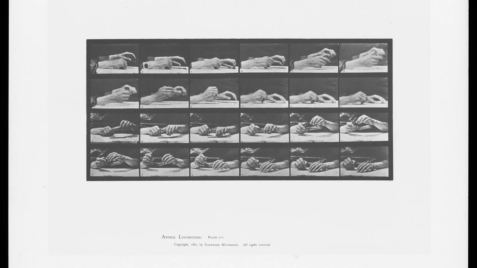 A Muybridge motion study showing one hand deliberately passing a pencil to the other