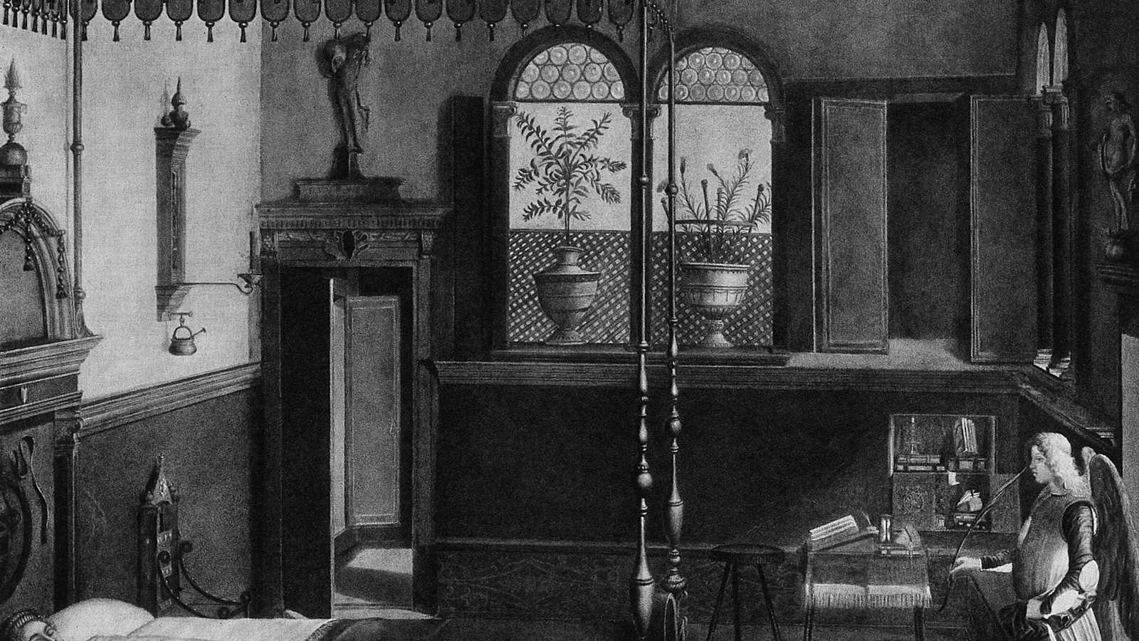 A quiet historic room with a sleeping figure, rendered in deep monochrome